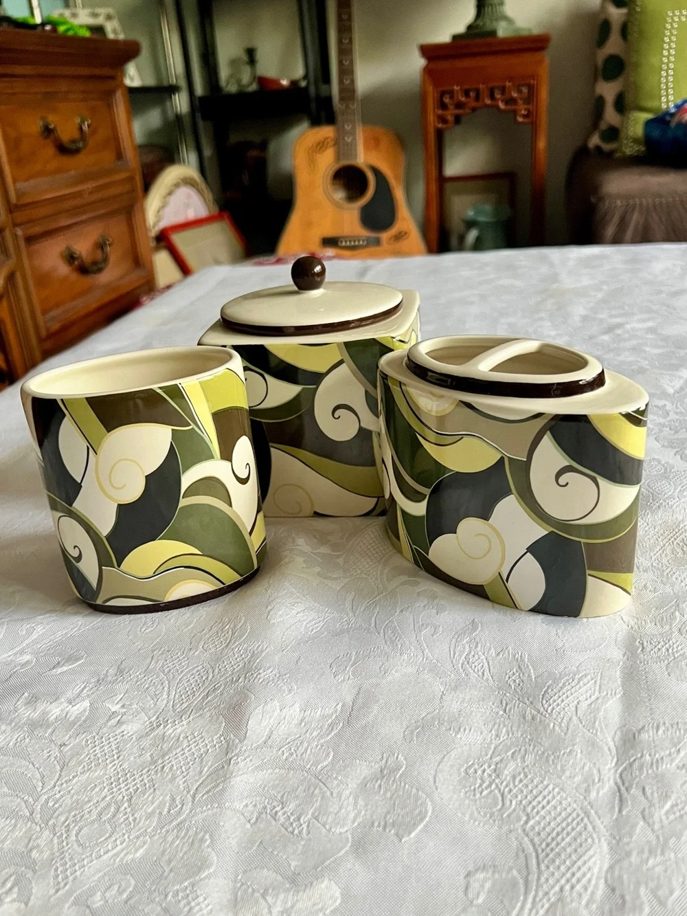 Ceramic Countertop Bathroom Set in Cream and Olive Green